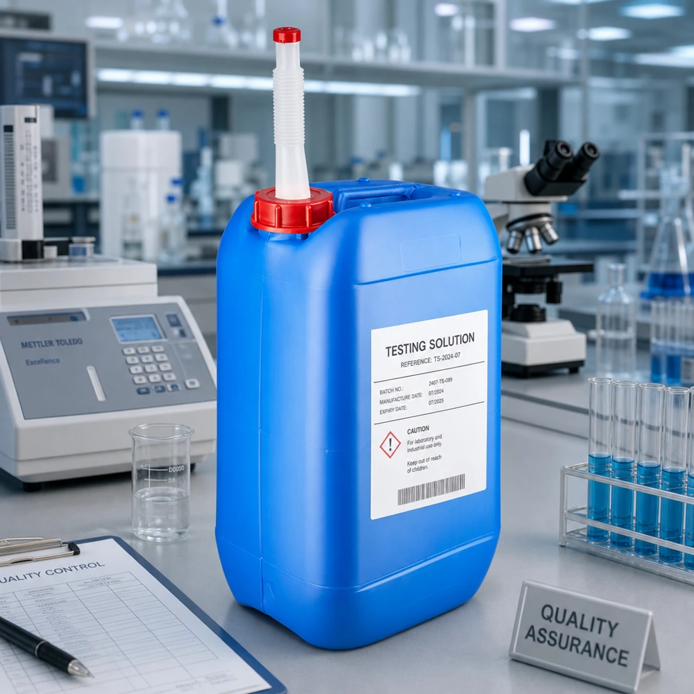 Bidón de laboratorio azul de 15 l con tubo de salida flexible y etiquetado GHS de sustancias peligrosas