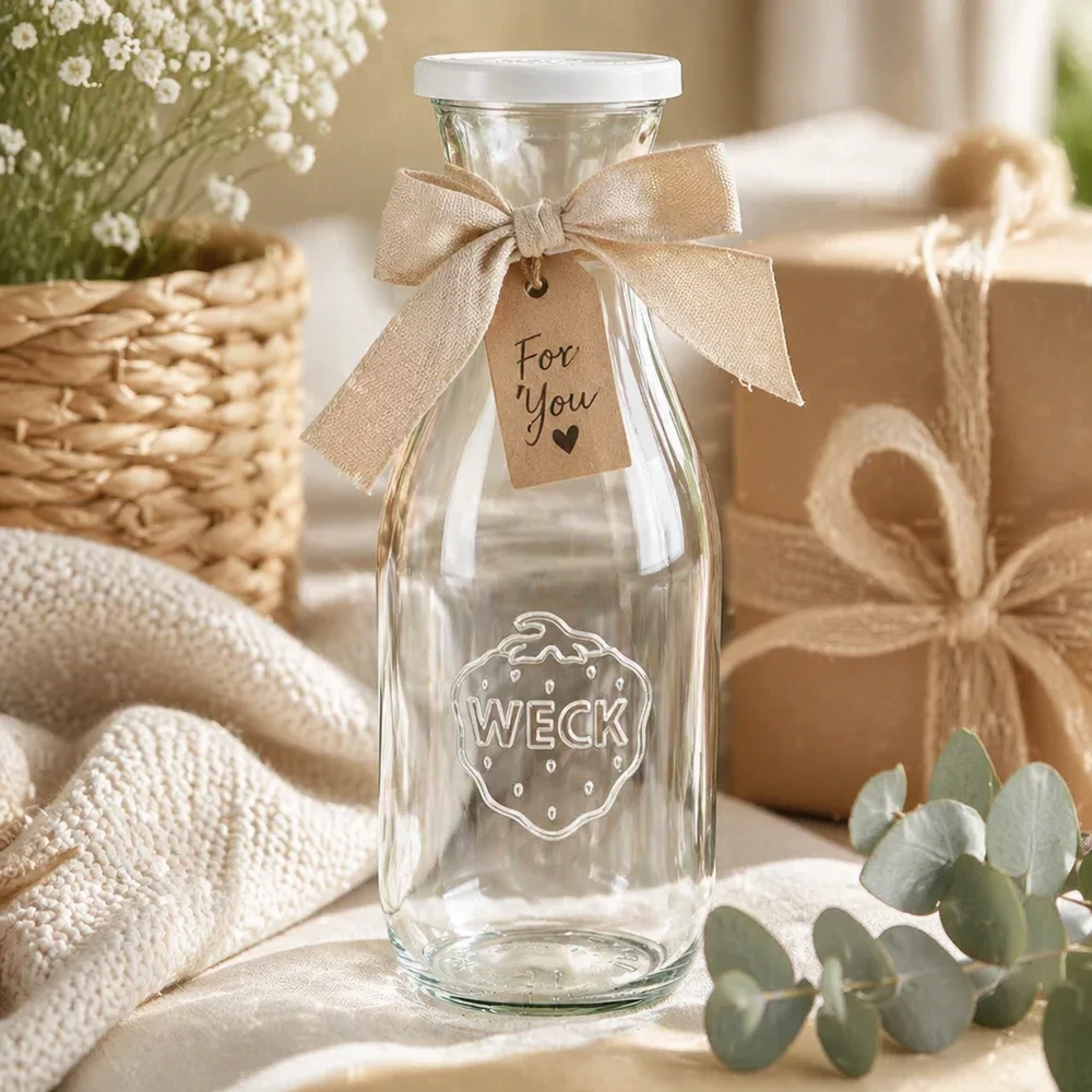 Botella de zumo WECK 1062ml de regalo con lazo y etiqueta For You en una escena decorativa rústica