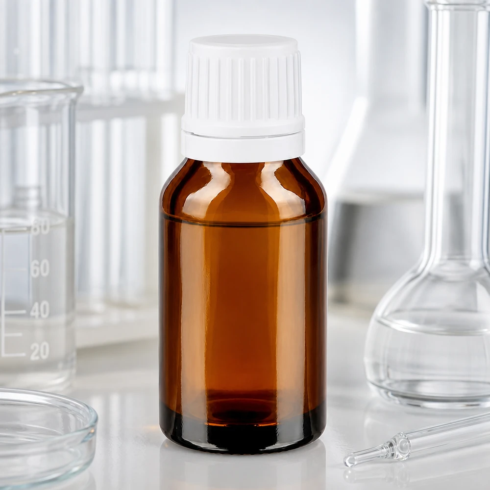 Botella de farmacia marrón 15ml tapón cuentagotas 1,2mm blanco cierre inviolable Frasco de farmacia marrón de 15 ml con tapón de seguridad blanco, en el laboratorio, entre un matraz de vidrio y un vaso de precipitados