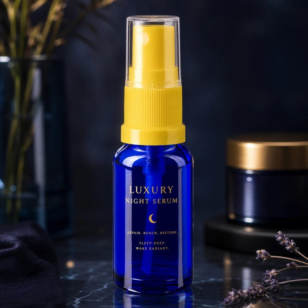 Botella de farmacia azul 30ml tapón pulverizador amarillo Frasco azul de 30 ml con pulverizador amarillo, como envase del Luxury Night Serum, en una fotografía de estudio