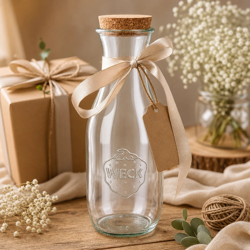 1062ml botella de zumo WECK RR60 con corcho natural Botella de cristal WECK 1062ml de regalo decorada con lazo beige y colgante junto a gypsophila y caja de regalo