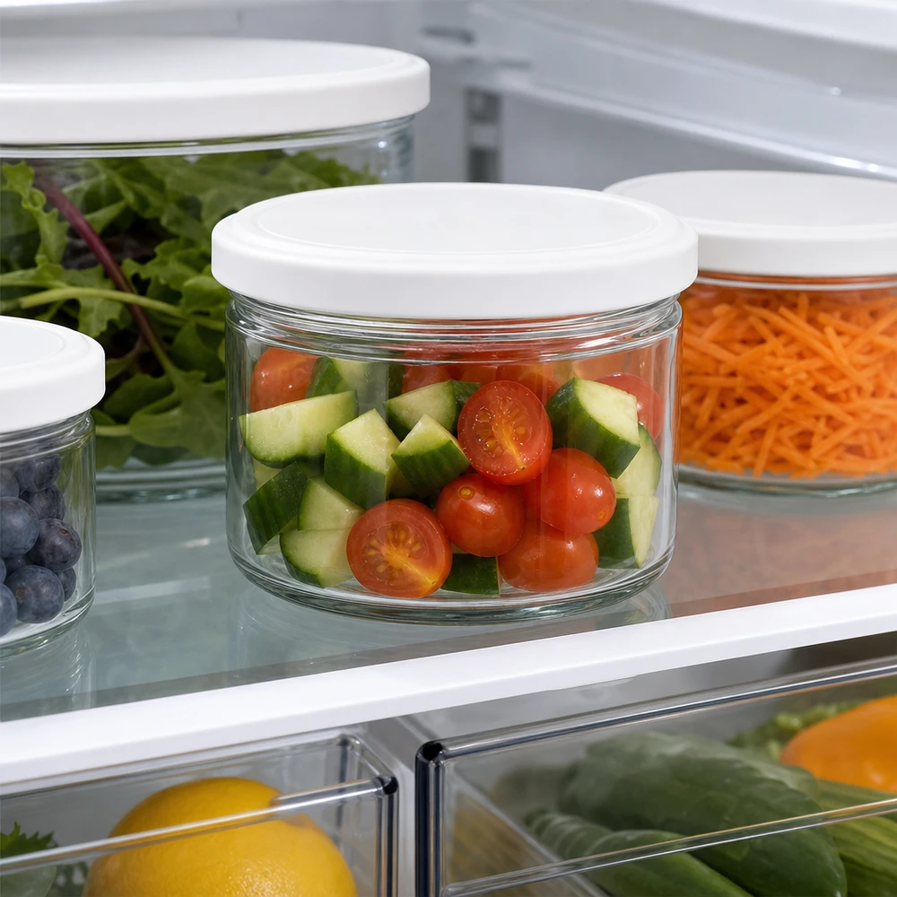 Tarro redondo de 540ml con tapa BasicSeal blanco UNiTWIST 540ml Rundglas BasicSeal weiß im Kühlschrank mit Tomaten und Gurken - optimale Frischhaltung für geschnittenes Gemüse