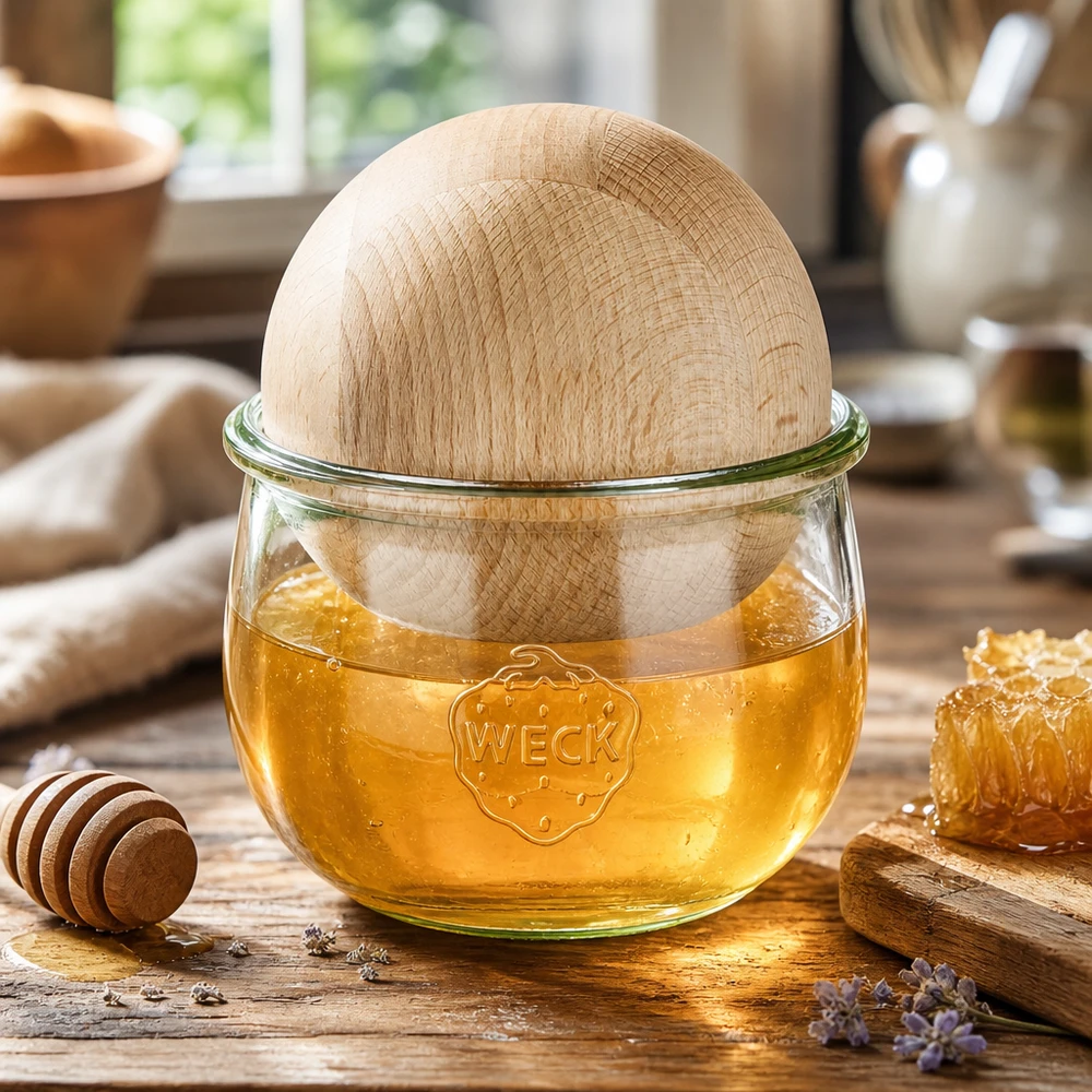 Tarro tulipán WECK de 580 ml con bola de madera de haya rellena de miel, almacenamiento decorativo para productos naturales y accesorios de cocina