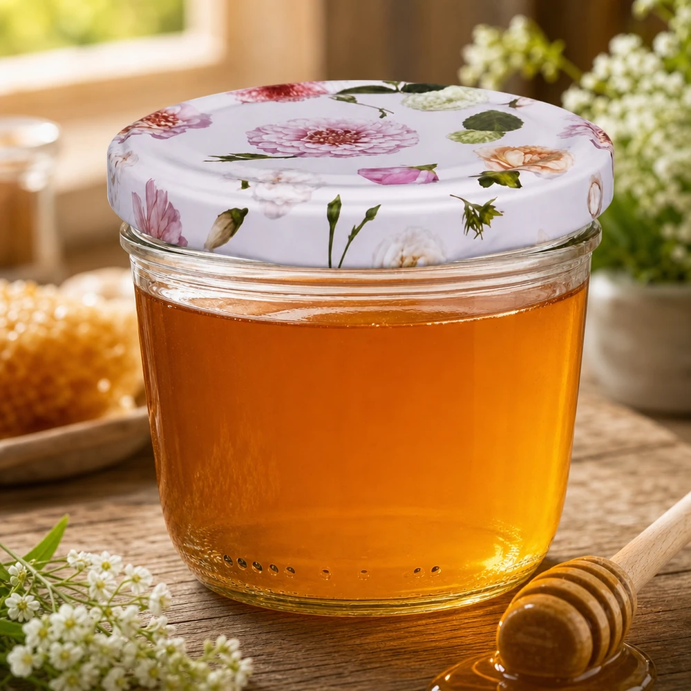 Miel en tarro de 230ml con tapa BasicSeal flores rosas tarro de miel apicultura decoración natural cuchara de madera