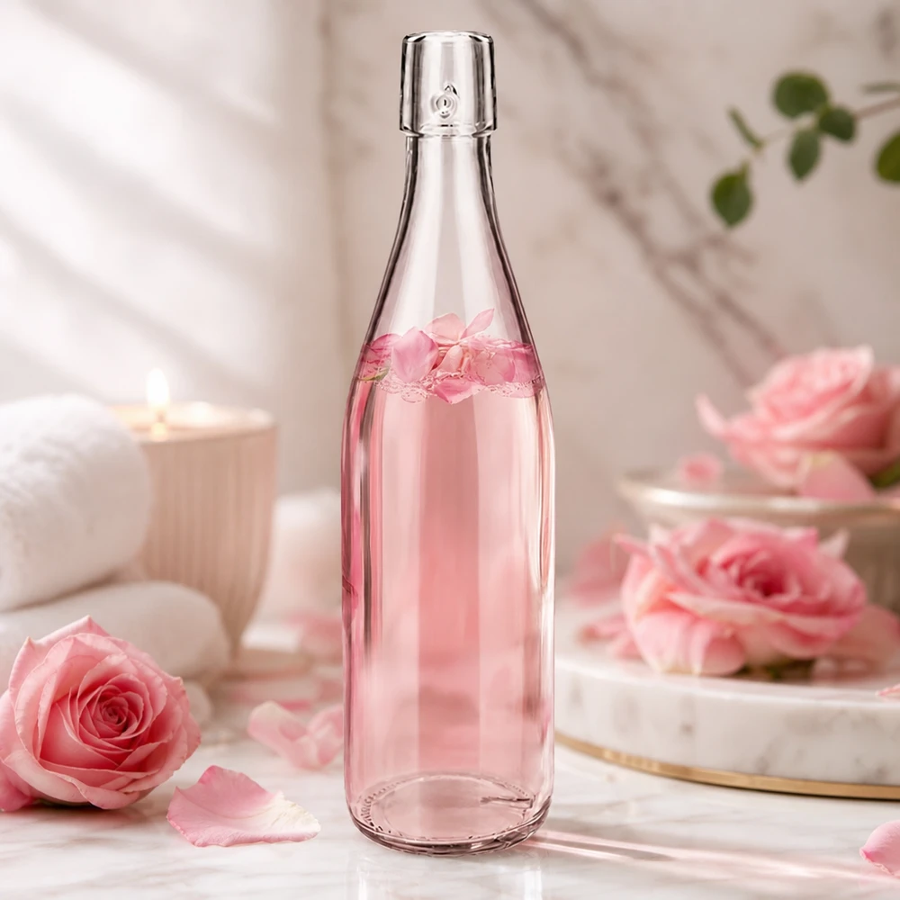 Botella de vidrio de 500 ml sin tapón giratorio UNiTWIST 500ml UNiTWIST Glasflasche mit Rosenwasser in romantischer Dekoration mit rosa Rosen und elegantem Ambiente