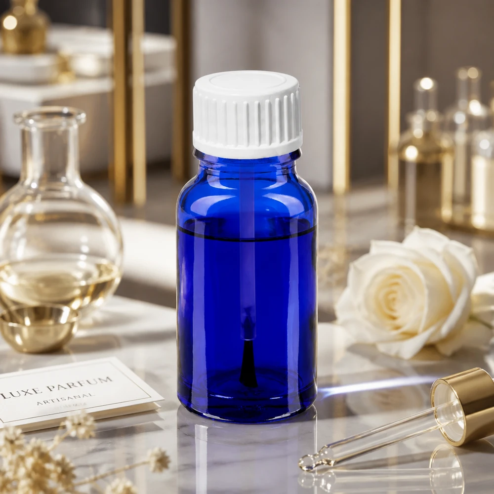 Frasco pincel compacto de 10 ml en elegante azul con tapón blanco para aplicaciones profesionales