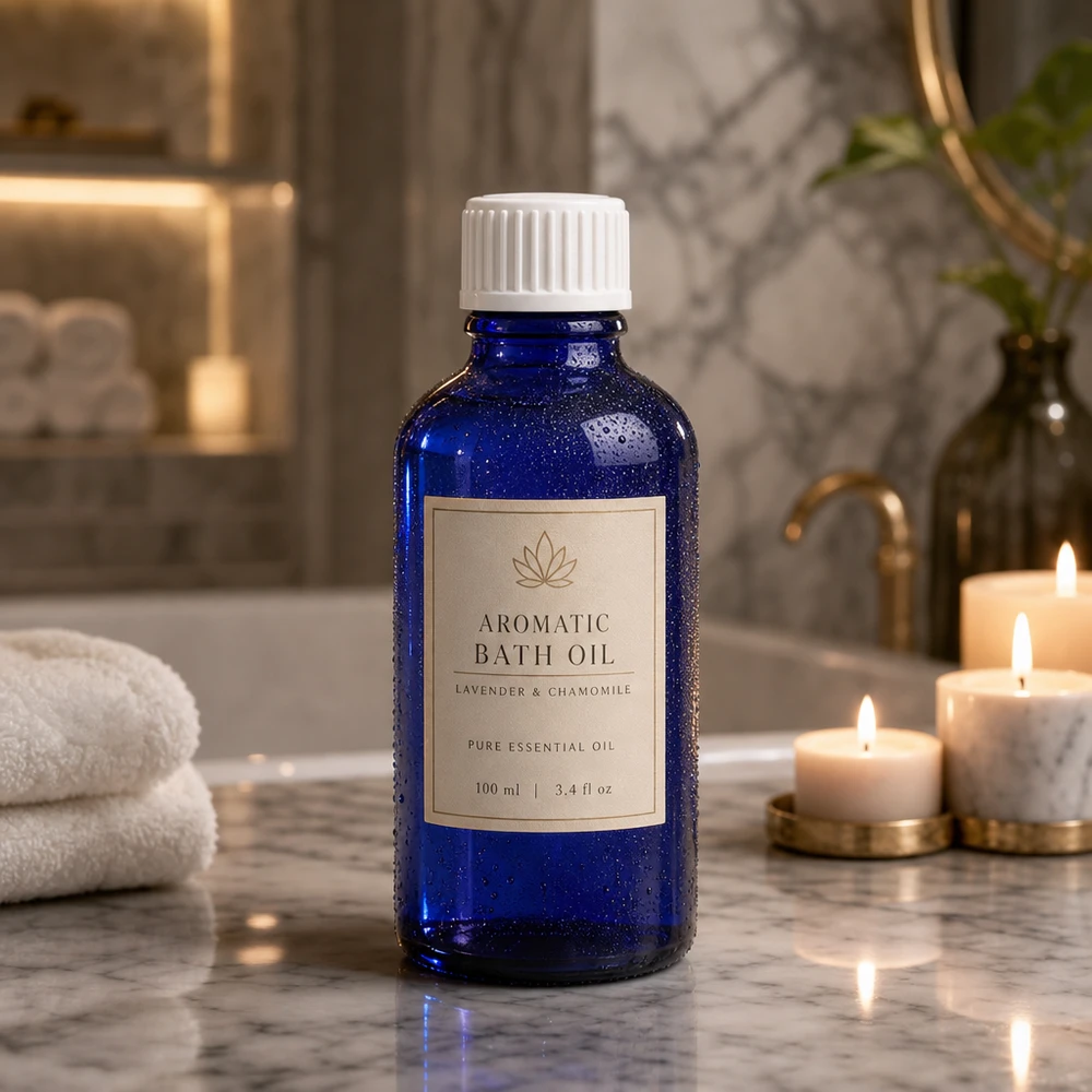 Pequeño frasco azul de farmacia de 50 ml con tapón estándar en un ambiente relajado de cuarto de baño