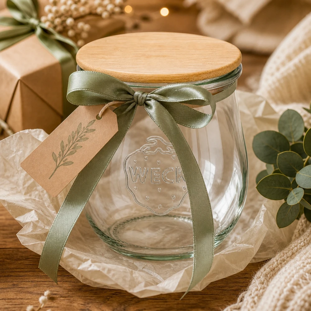 220ml tarro tulipán WECK RR60 con tapa de madera WECK tarro tulipán 220ml RR60 de regalo con cinta verde y etiqueta - tarro de conserva con tapa de madera, envasado decorativamente