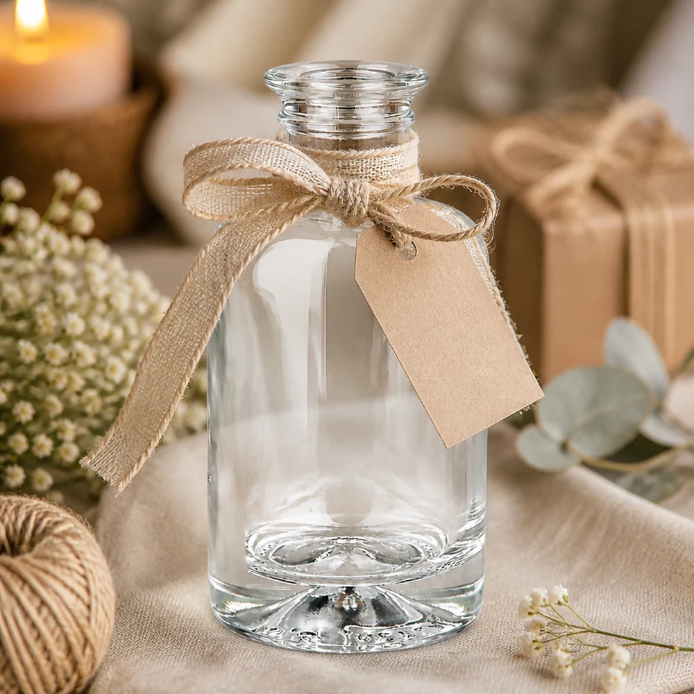 Botella de farmacia de 100 ml «Sofia» sin tapón UNiTWIST® 100ml Glasflasche Sofia als Geschenkidee mit Juteschleife und Anhänger in gemütlicher Deko-Atmosphäre mit Kerzen