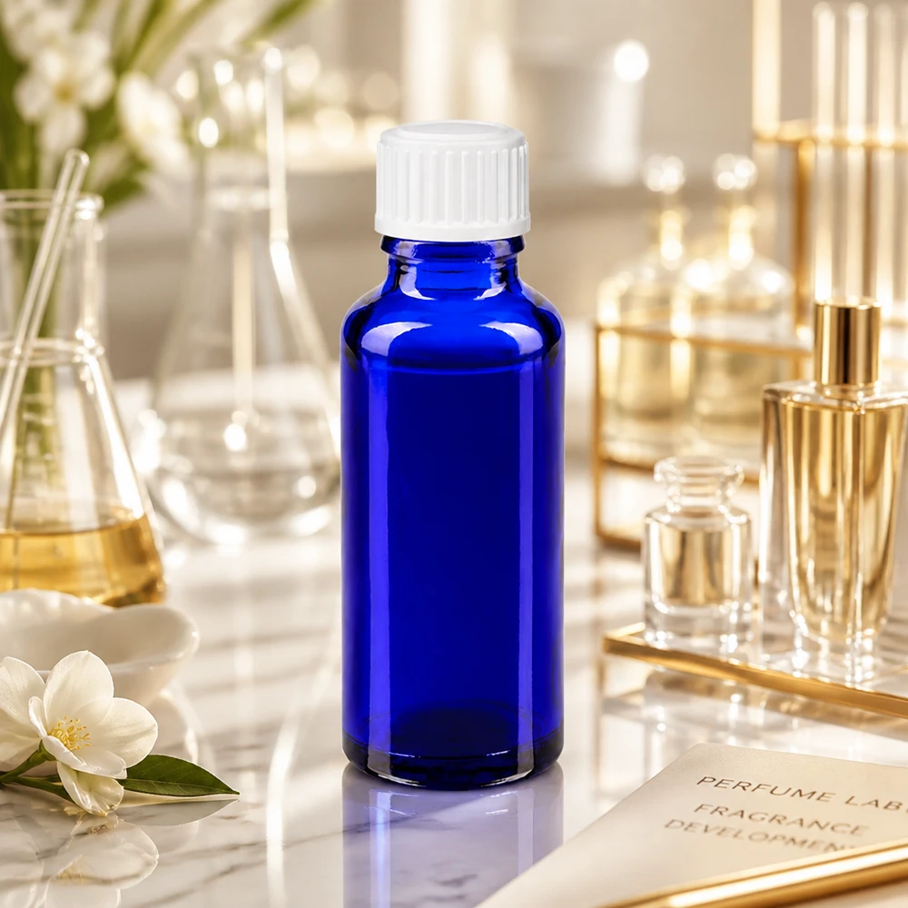 Frasco de farmacia de 30 ml, de color azul cobalto con tapón estándar blanco, en el laboratorio de perfumería