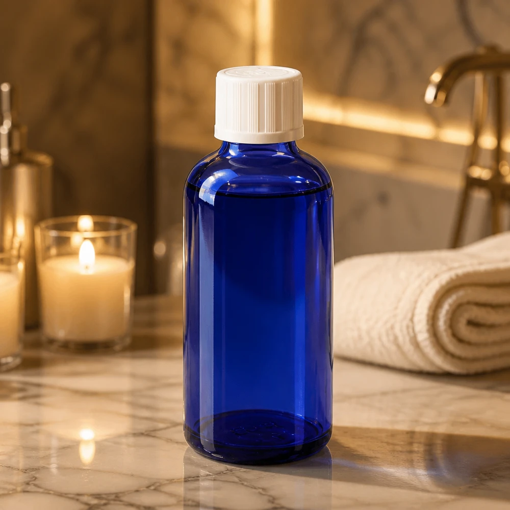 Botella de farmacia azul 50ml tapón cuentagotas blanco a prueba de niños estándar Botella de cristal azul de 50 ml con tapón de rosca blanco sobre mármol, en un elegante ambiente de baño