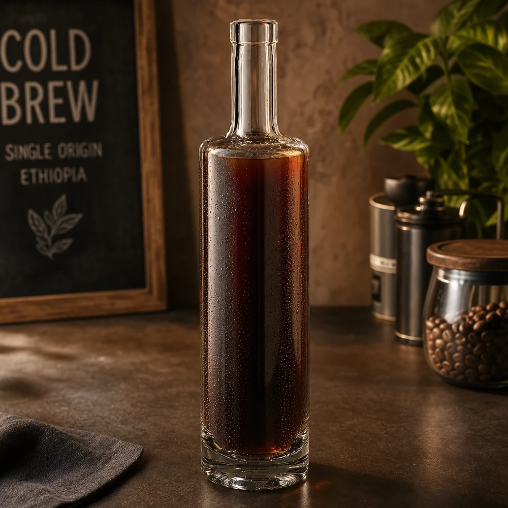 Botella de cristal de 500 ml de Lina rellena de café cold brew en un elegante ambiente de cafetería con granos de café y desodorante vintage.
