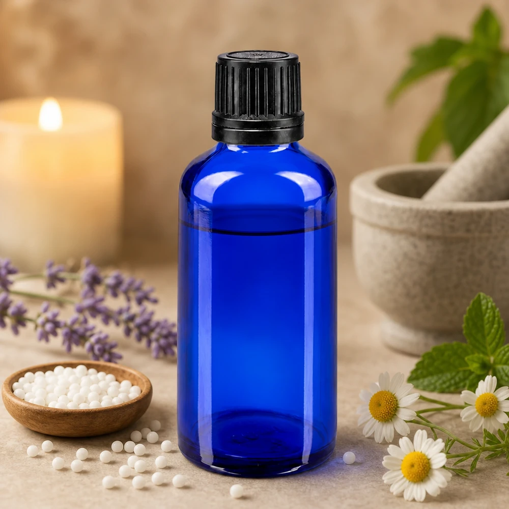 Frasco cuentagotas azul de 50 ml con boquilla cuentagotas de precisión de 1 mm, junto a flores de manzanilla y un mortero