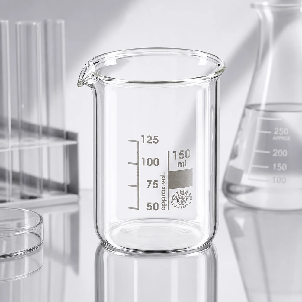 Vaso 150ml vidrio borosilicato, forma baja Vaso de vidrio borosilicato transparente de 150 ml con práctico pitorro para facilitar la decantación