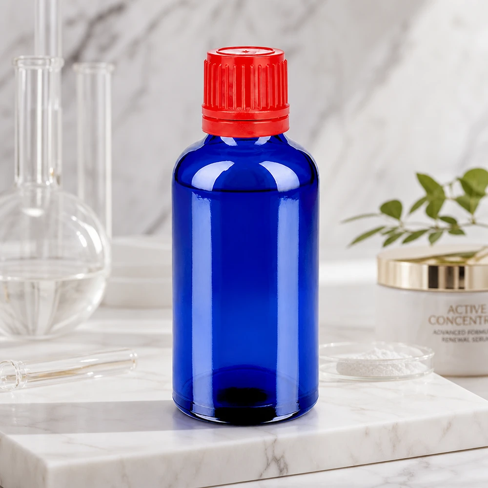 Frasco pequeño de 50 ml en elegante azul cobalto con práctico tapón rojo SV 11mm OV BlueLine UT18/50