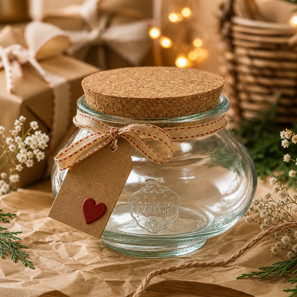 Tarro joyero de 560ml WECK RR80 con corcho natural Tarro joyero WECK 560ml RR80 con tapa de corcho como envase de regalo con colgante de corazón y decoración festiva