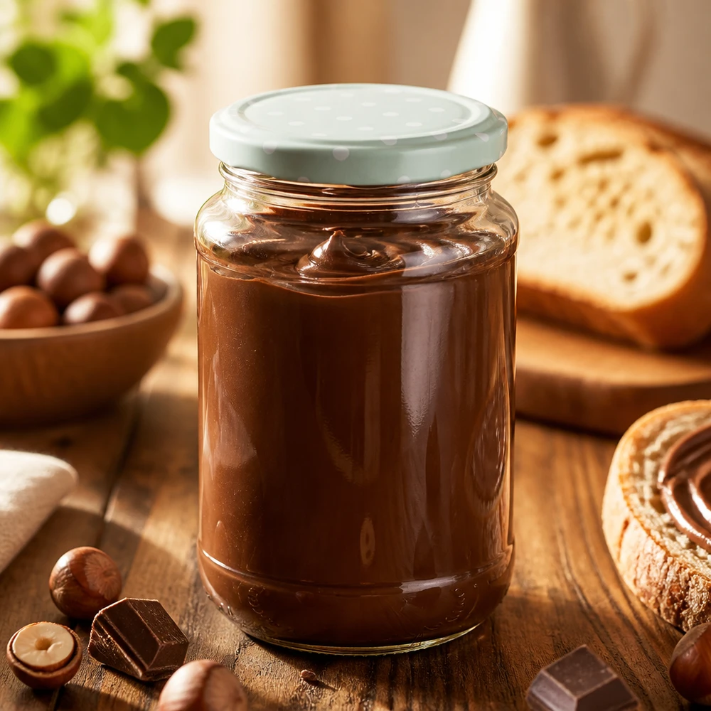 Crema de nueces y turrón en un frasco redondo de cristal UNiTWIST de 320 ml con tapa BasicSeal de color menta con lunares sobre una mesa de madera