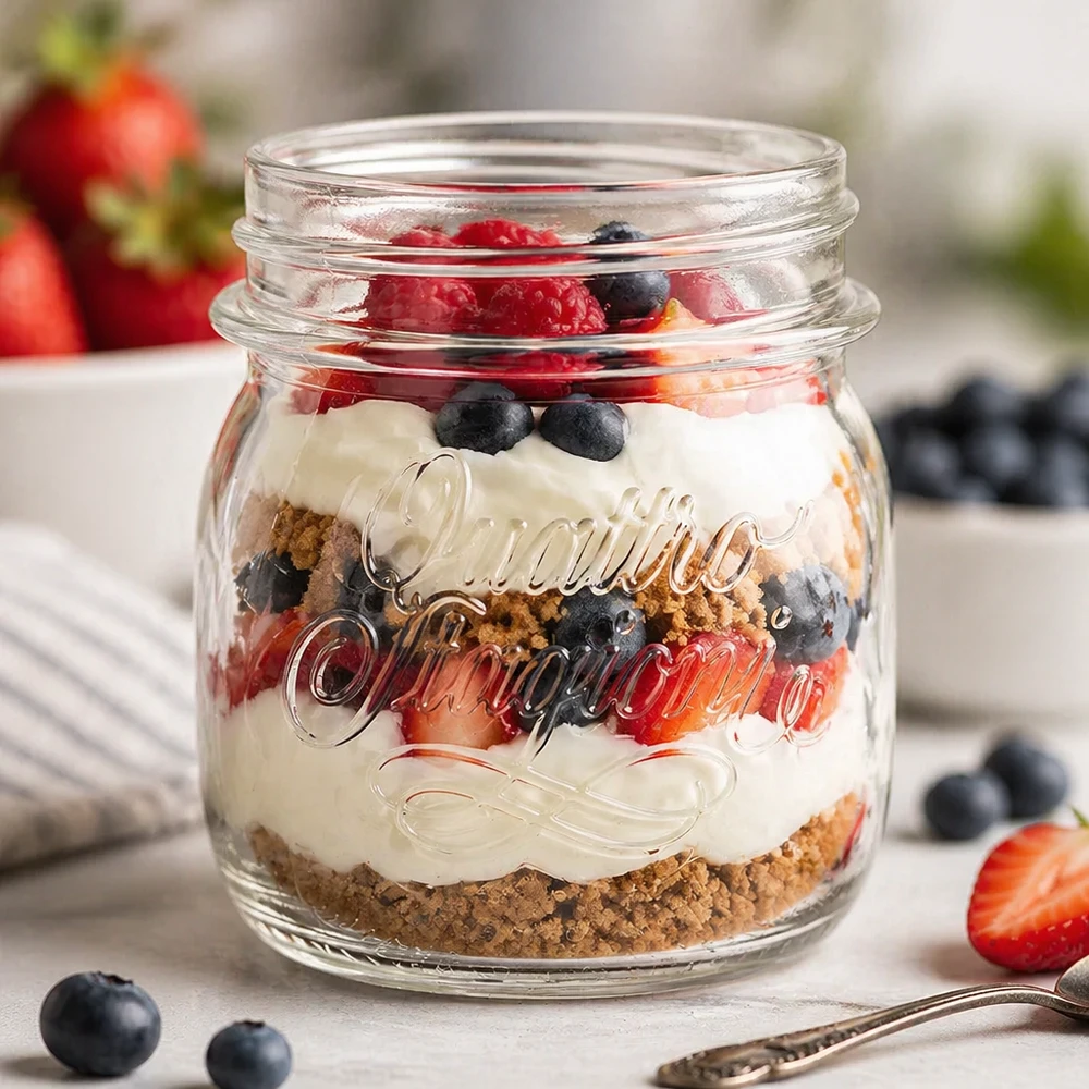 Vaso redondo de 250ml "Quattro Stagioni" QS70mm Quattro Stagioni Tarro de 250 ml con postre de capas de crema de base de galleta y bayas como tarro doméstico para el almacenamiento