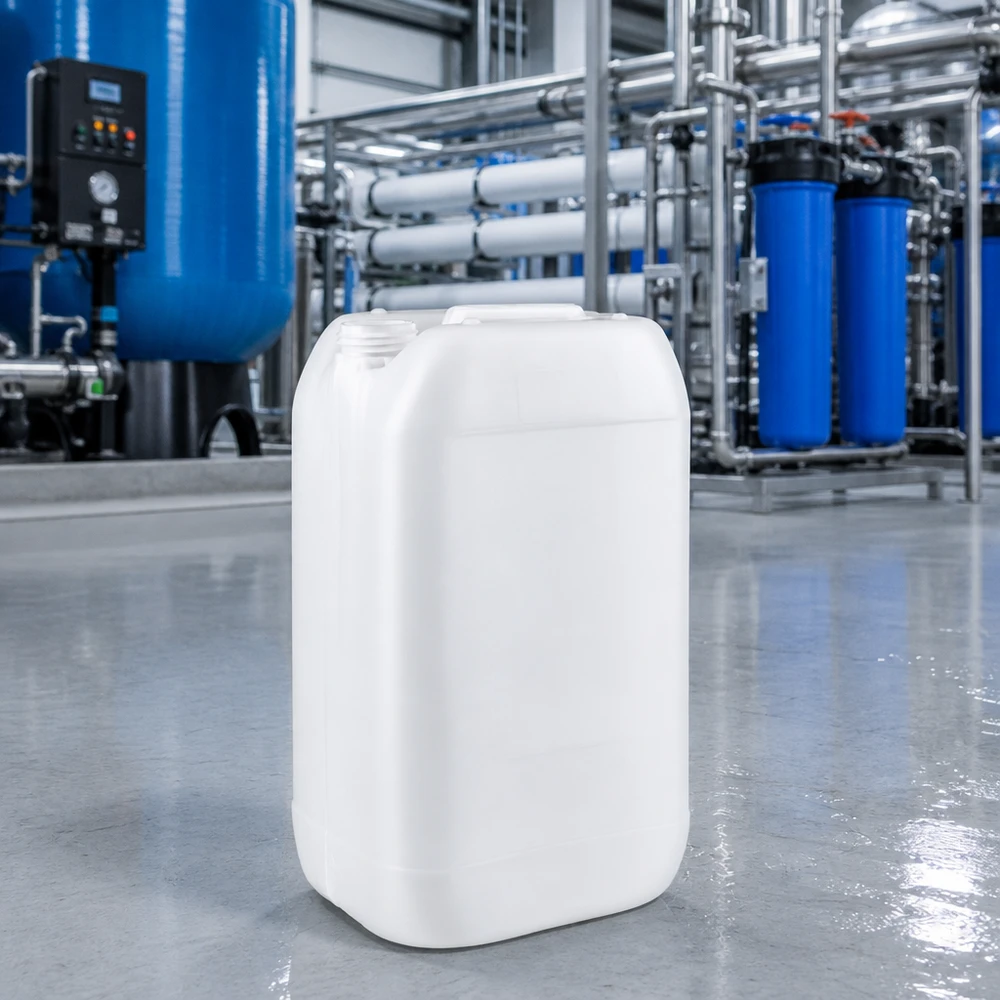 Bidón apilable de 15 litros sin tapón, fabricado en plástico resistente, para el tratamiento industrial del agua