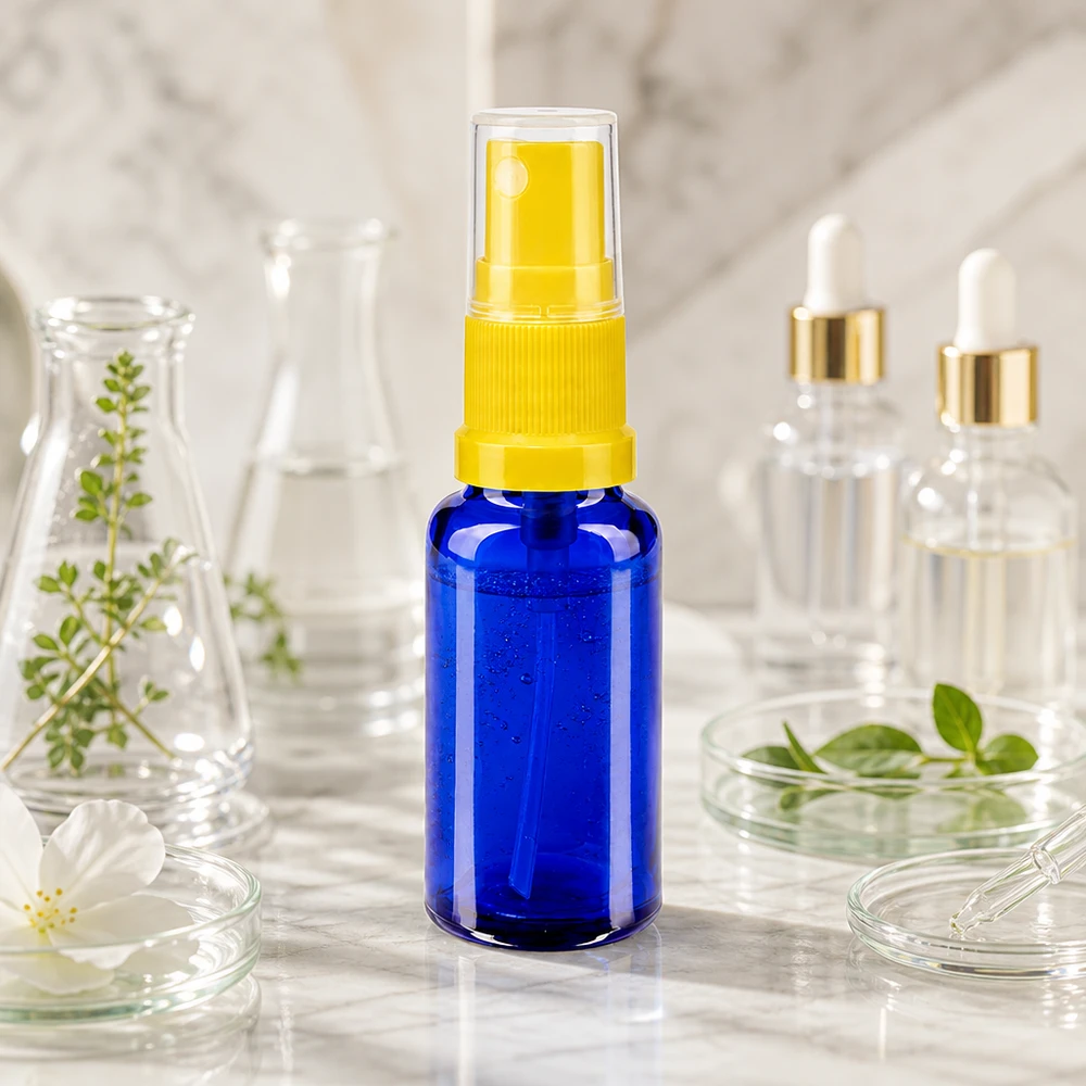 Frasco pulverizador compacto de 20 ml, azul STD, con dosificador amarillo, para cosmética y farmacia