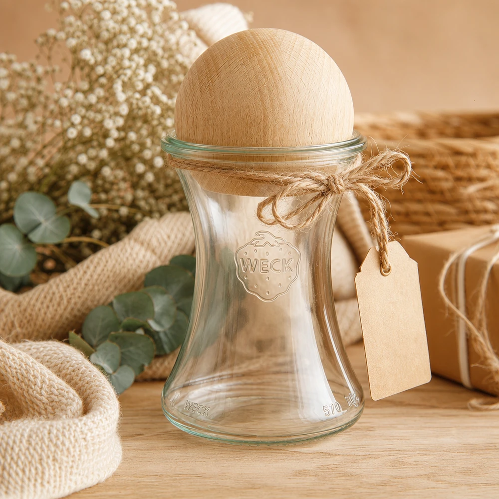 Tarro para delicatessen WECK RR80 de 370ml con bola de madera de haya WECK tarro delicatessen 370ml RR80 bola madera haya caja regalo cuerda yute etiqueta natural menaje cocina