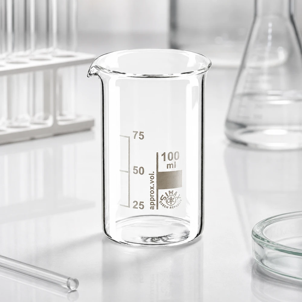 Vaso de precipitados vacío de 100 ml, de forma alta, fabricado en vidrio borosilicato, con escala de medición grabada de 25 a 75 ml