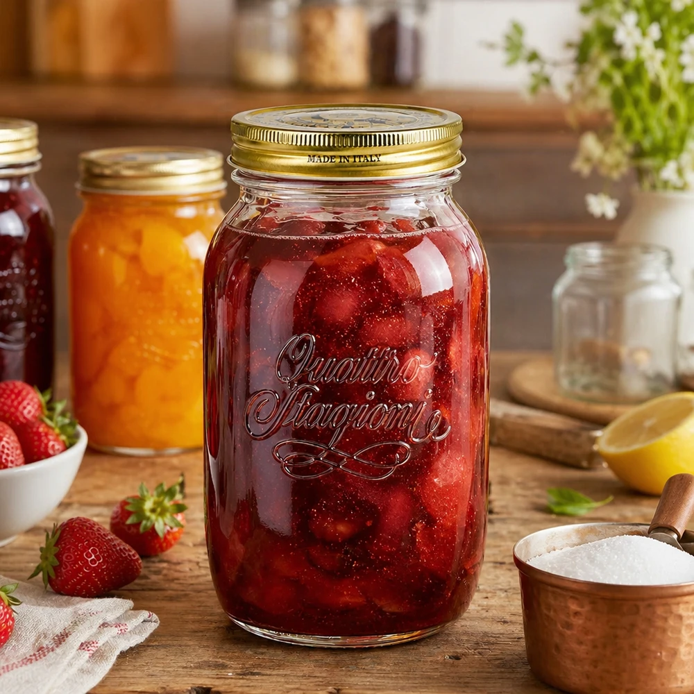 Vaso redondo "Quattro Stagioni" de 1500ml con tapa Quattro Stagioni Tarro de conserva de 1500 ml lleno de mermelada de fresa Escena de cocina Tarro de conserva italiano mermelada de fresa