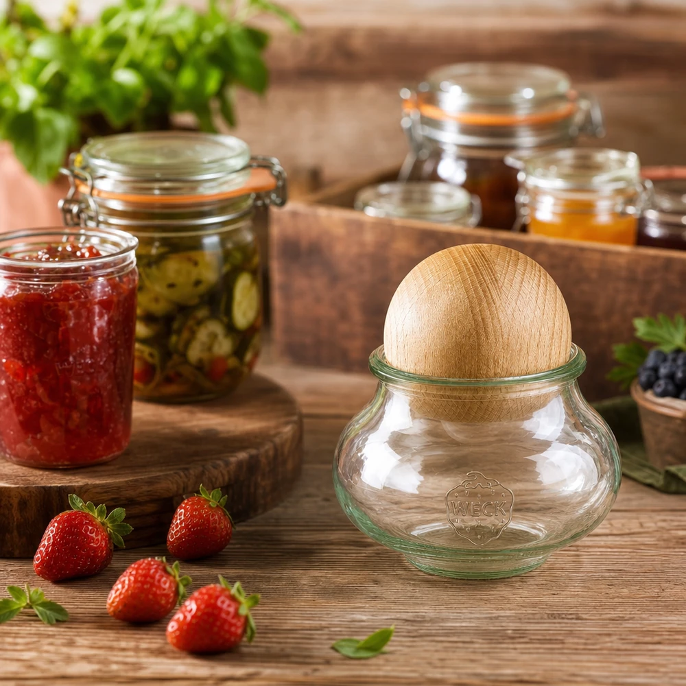 WECK tarro 560ml RR80 bola de madera haya decoración de cocina con tarros de conserva mermelada fresas tabla de madera