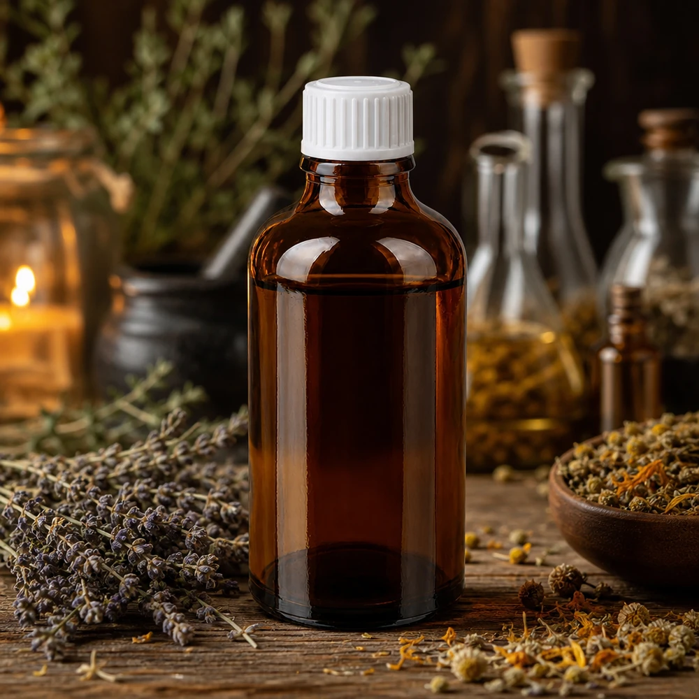 Botella de farmacia marrón 50ml tapón de rosca blanco estándar Pequeña botella de cristal marrón de 50 ml con tapón blanco, rodeada de hierbas secas y flores de manzanilla