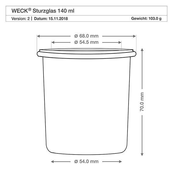 Vaso de cristal de 140 ml con tapa hermética WECK RR60 Dibujo técnico de los vasos WECK RR60 de 140 ml con dimensiones y especificaciones de las tapas de madera de haya en forma de bola