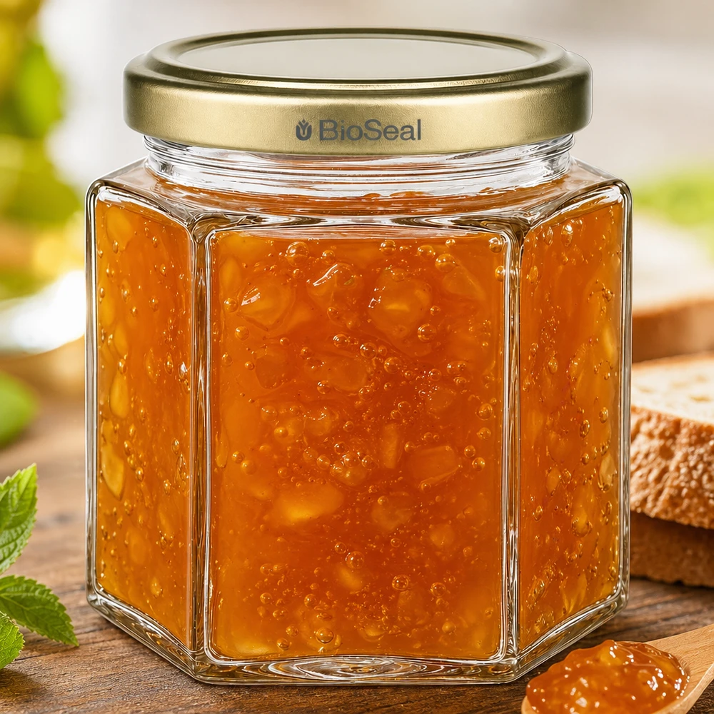 Tarro de miel hexagonal BioSeal de 520 g lleno de mermelada de naranja sobre una tabla de madera junto a pan y menta
