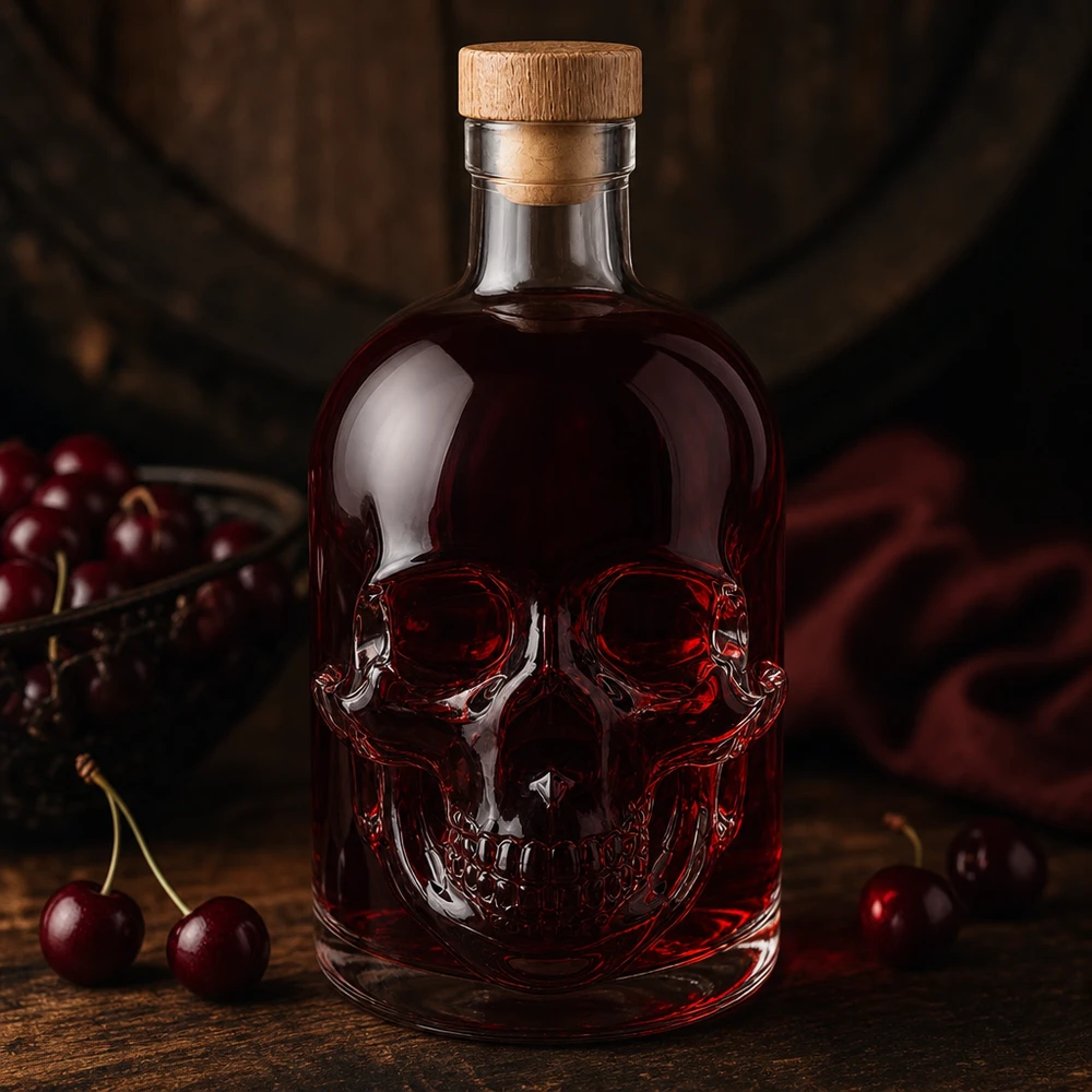 Botella de cristal Jack 500ml con contenido rojo y cerezas, diseño de calavera con corcho de madera en un ambiente oscuro