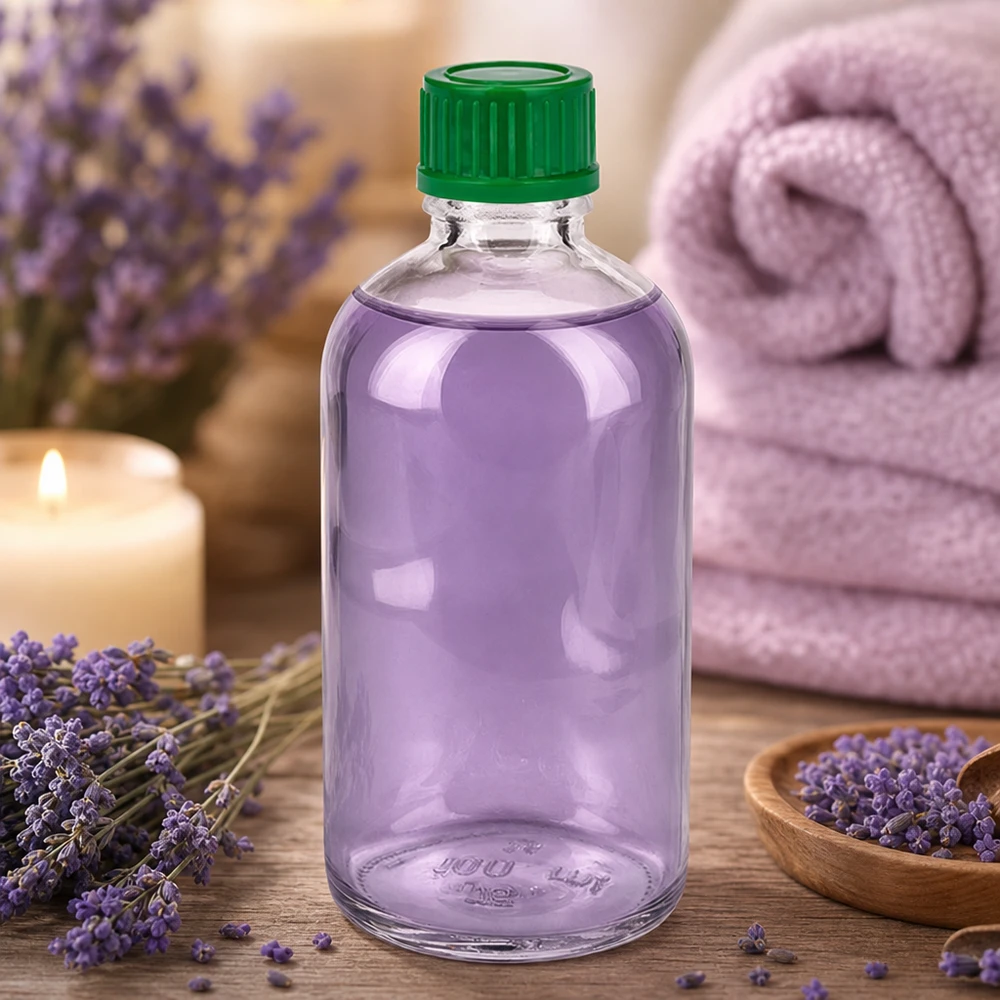 Aceite de lavanda en un frasco de cristal de 100 ml con hombros redondeados ClearLine UT18/100 con tapón verde