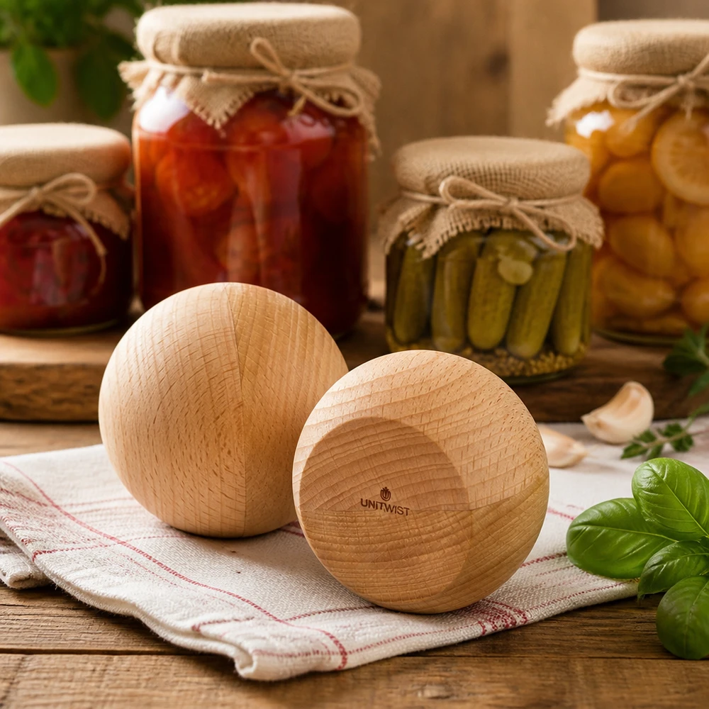 UNiTWIST bola de madera (haya) para WECK RR80 UNiTWIST Holzkugeln aus Buche im Küchenambiente - stilvolle Alternative zu Deckeln für WECK RR80 Einmachgläser