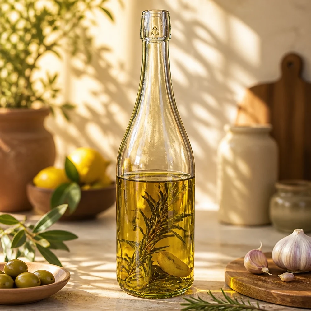 Botella de cristal UNiTWIST de 750 ml llena de aceite de hierbas en la cocina mediterránea con aceitunas y ajo Ejemplo de uso