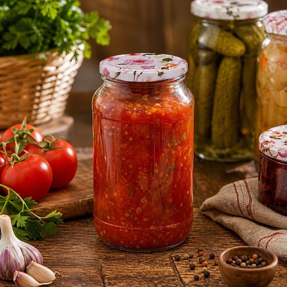 El tarro de conserva de 1062 ml lleno de salsa de tomate muestra el uso práctico de la tapa de flor rosa en la cocina