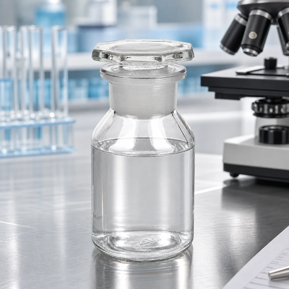 Frasco de cuello ancho y fondo cóncavo de 50 ml, transparente, con tapón de vidrio esmerilado, sobre una mesa de laboratorio junto a un microscopio