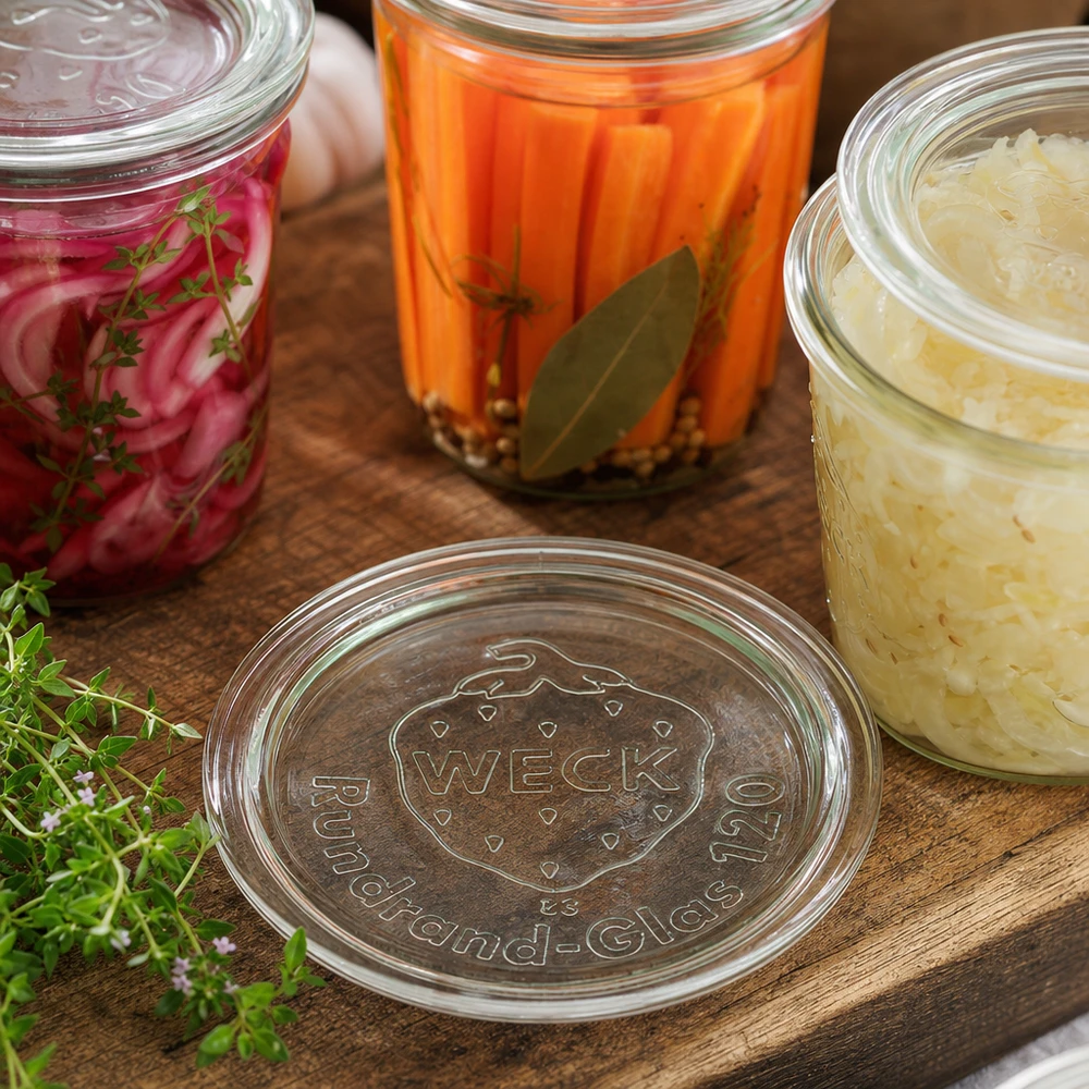 Tapa de tarro WECK RR120 sobre tabla de madera con tarros de colores de zanahorias hervidas, cebollas, chucrut y hierbas aromáticas