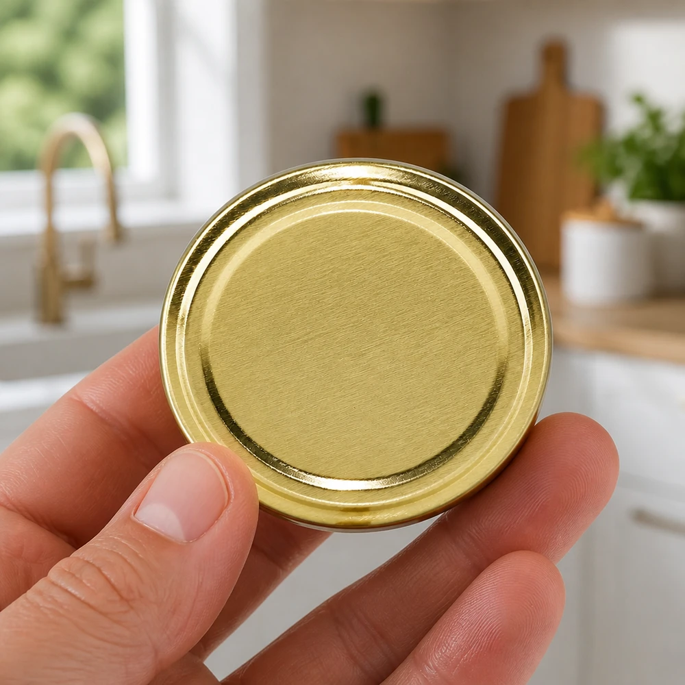 Tapa de rosca BasicSeal de 58 mm, color dorado, modelo TO58, sostenida con la mano en la cocina