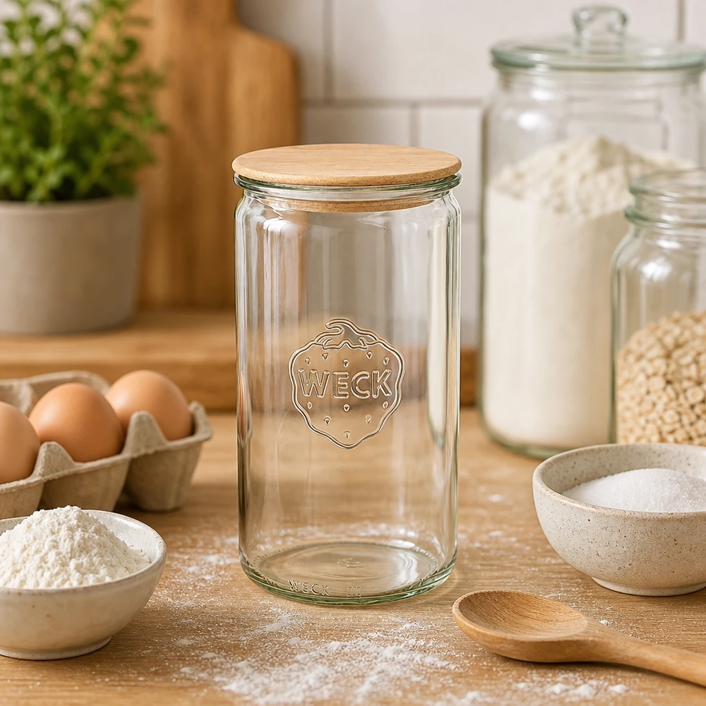 WECK tarro 1590ml RR100 vacío en cocina de panadería con harina, huevos e ingredientes de panadería para hornear pan y preparar masas