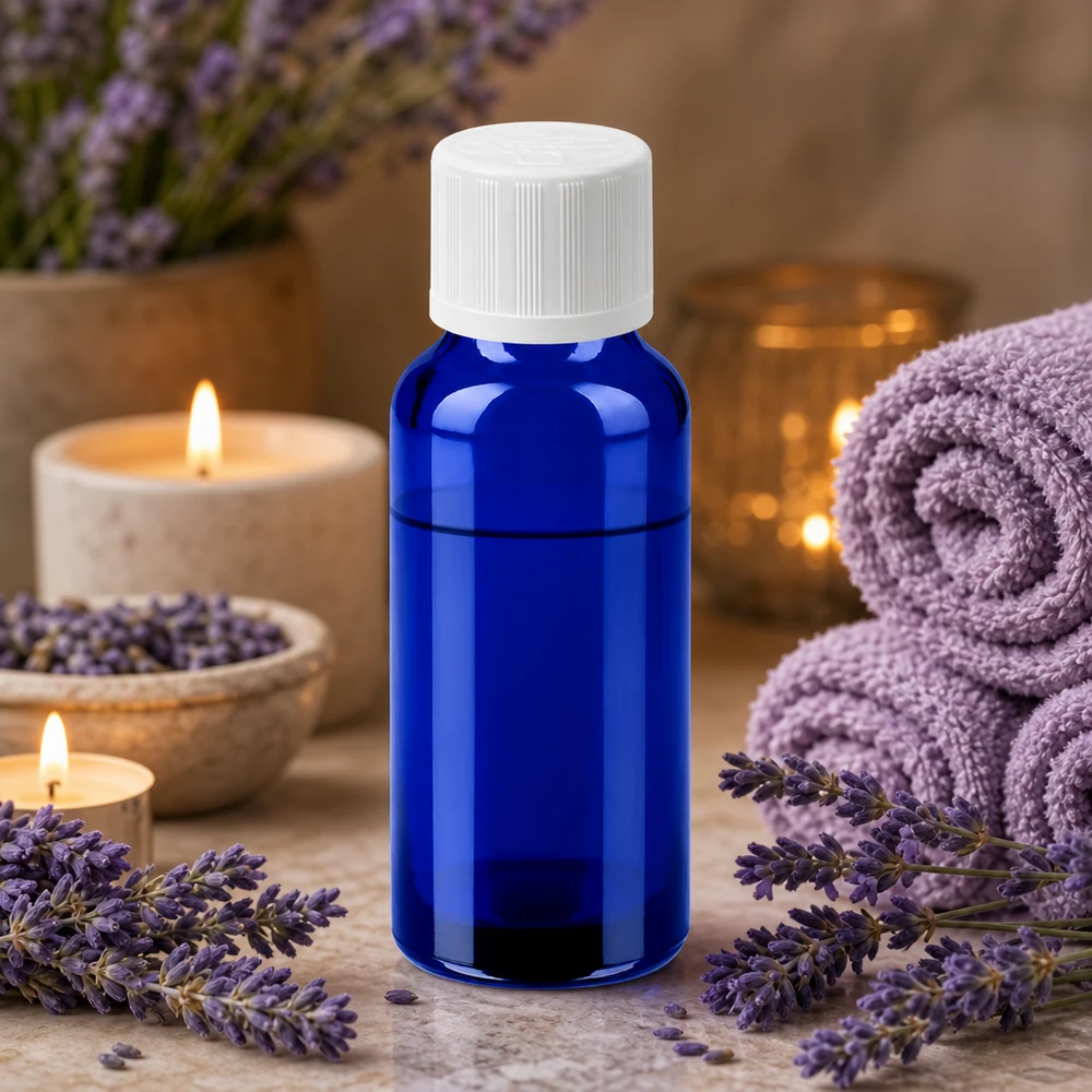 Botella 20ml 11mm tapón rosca blanco con precinto de seguridad BlueLine UT18/20 Pequeño frasco de 20 ml en elegante azul cobalto con tapón blanco para aromaterapia y bienestar