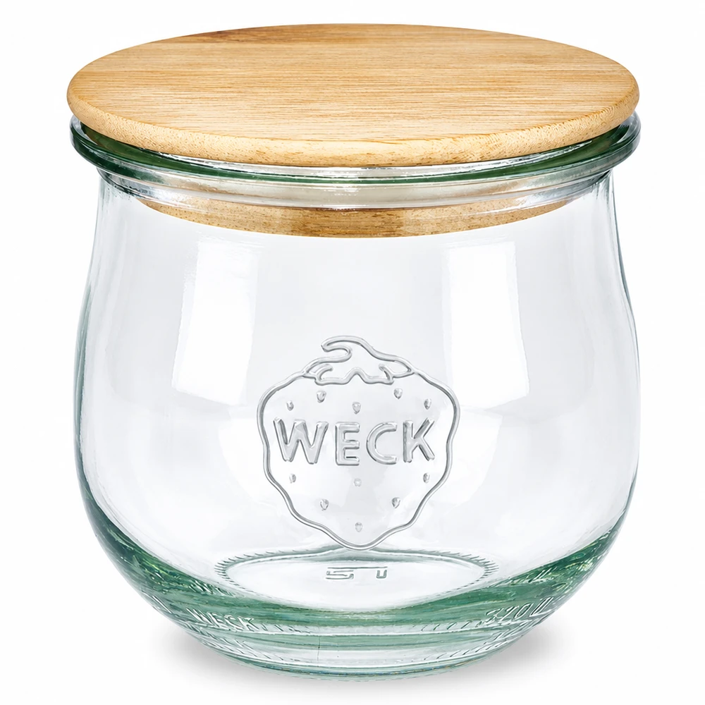 Tarro tulipa 370ml WECK RR80 con tapa de madera WECK tarro tulipán 370ml RR80 con tapa de madera Tarro para conservas con tapa de cristal de madera natural