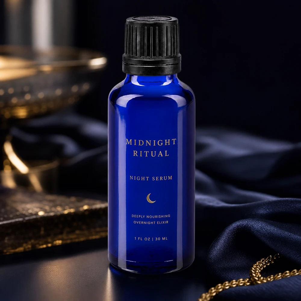 Sérum de noche Midnight Ritual en un frasco de farmacia azul cobalto de 30 ml con tapón negro estriado