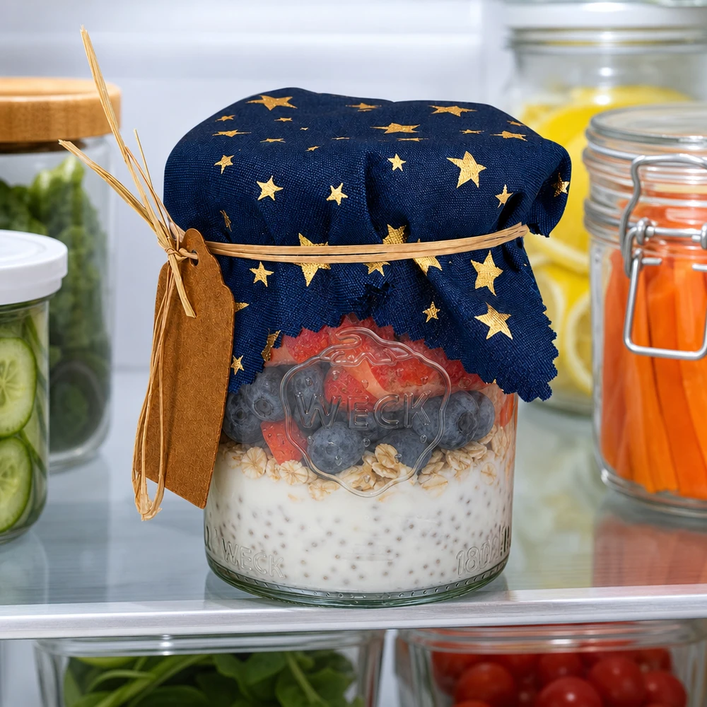 Salvamantel de tela azul "estrellas" 12cm cuadrado Conservación en el frigorífico con tapa de tela de estrellas azules sobre la avena de la noche a la mañana entre pepinos frescos y zumos