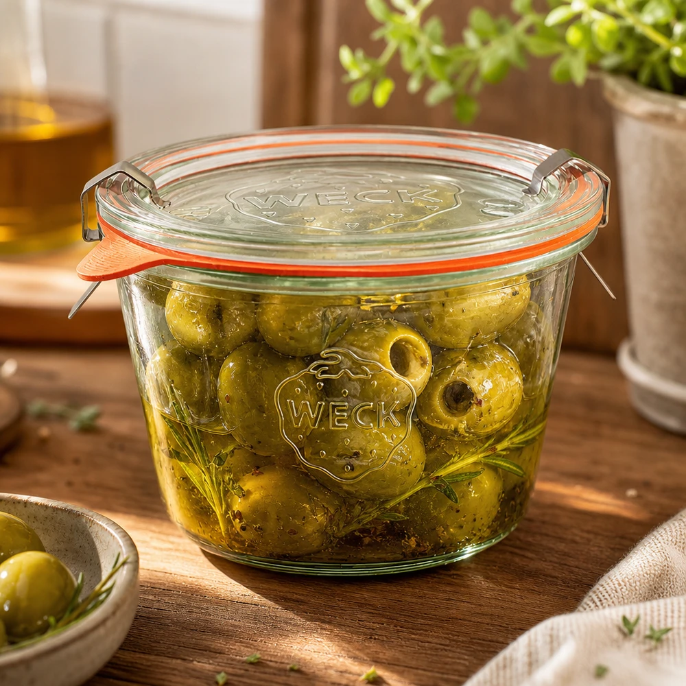 370ml vasos completo WECK RR100 WECK RR100 tarro 370ml lleno de aceitunas encurtidas en aceite muestra la perfecta conservación de antipasti