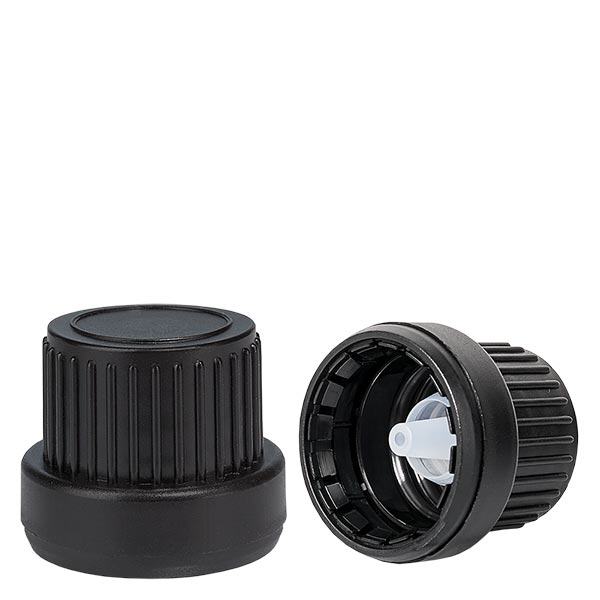 Tapón cuentagotas 2mm superior negro 18mm con cierre inviolable Tapón cuentagotas 2mm superior negro 18mm con cierre inviolable