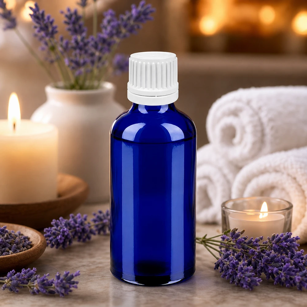 Frasco de vidrio azul de 50 ml con tapón de rosca blanco para aceites esenciales y aromaterapia BlueLine UT18/50