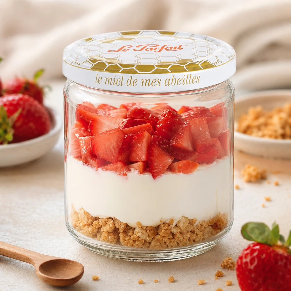 Le Parfait Tarro de miel de 212 ml utilizado como cuenco de postre con capas de fresas, yogur y base de galleta