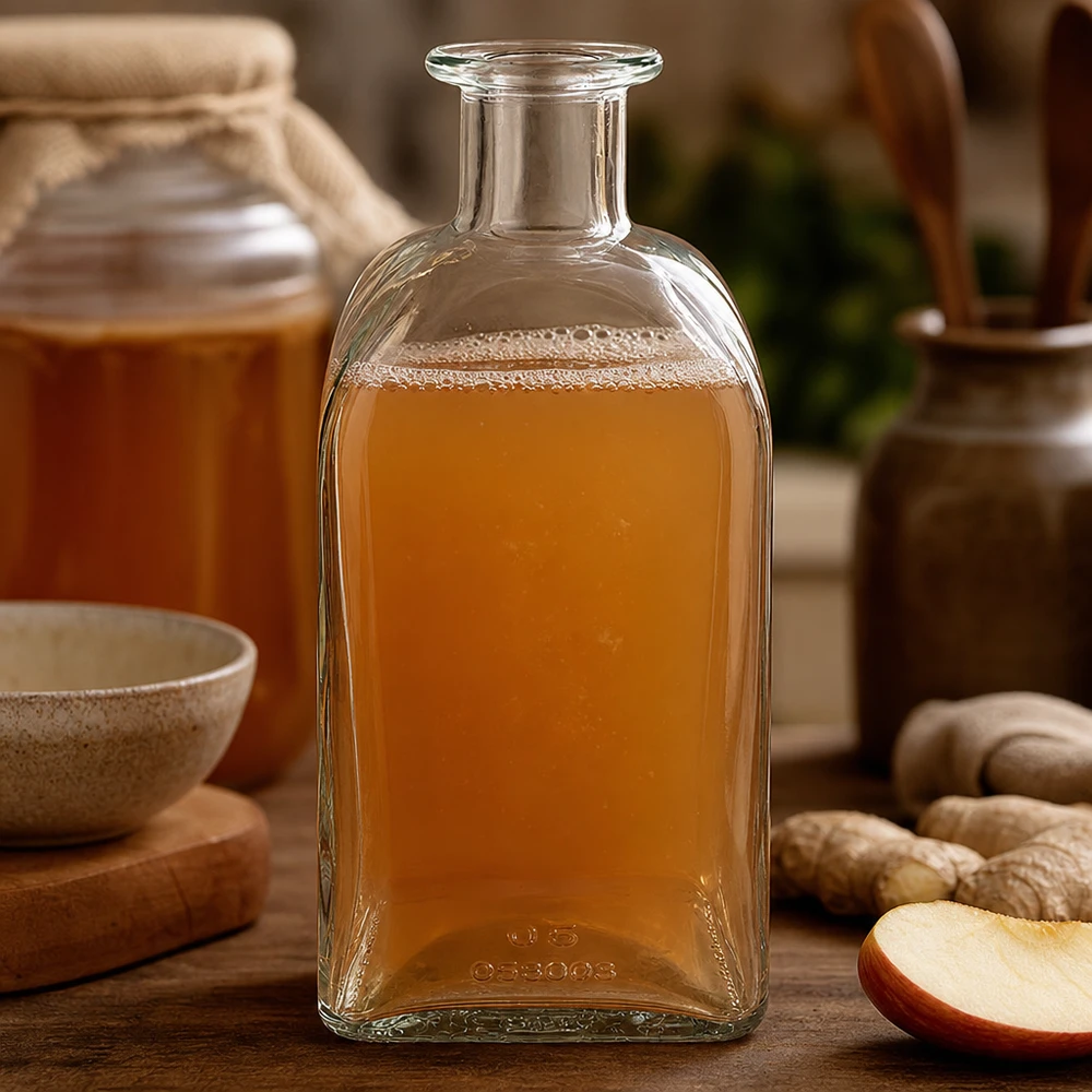Botella de cristal Julia de 500 ml con líquido de color ámbar entre rodajas de jengibre y manzana sobre una mesa de madera rústica