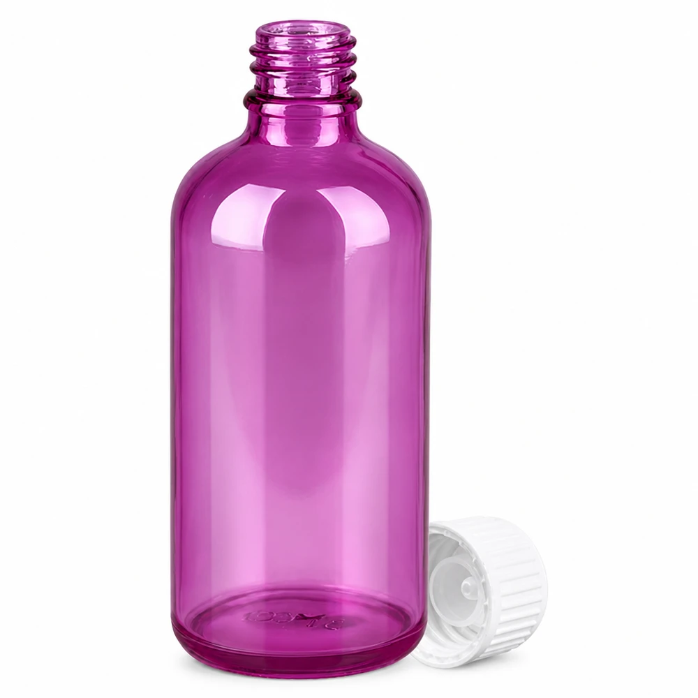 Frasco de vidrio violeta de 100 ml con rosca UT18 y tapón transparente para aceites esenciales